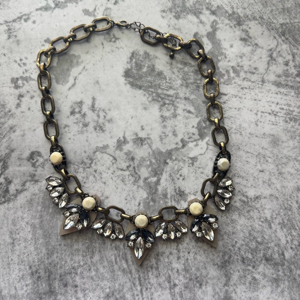 Ornate Cream and Silver Necklace with Gemstones and Pearls
